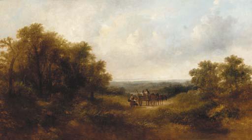 Adam Barland - Figures in a horse and cart in an extensive landscape