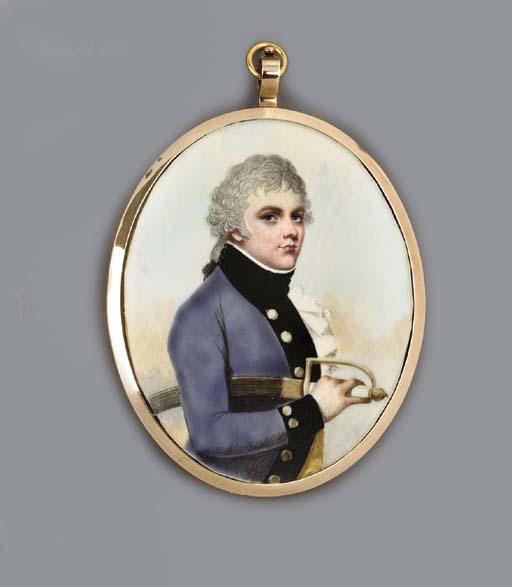 Adam Buck - A Naval Officer holding his sword under his right arm, facing right in blue coat with black facings, yellow trousers, frilled cravat and black stock, powdered hair en queue