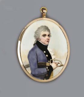 Adam Buck - A Naval Officer holding his sword under his right arm, facing right in blue coat with black facings, yellow trousers, frilled cravat and black stock, powdered hair en queue