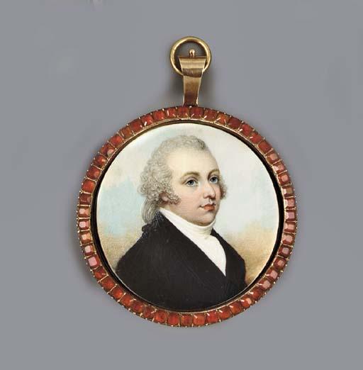 Adam Buck - A young gentleman, facing right in black coat, white waistcoat and cravat, powdered hair en queue