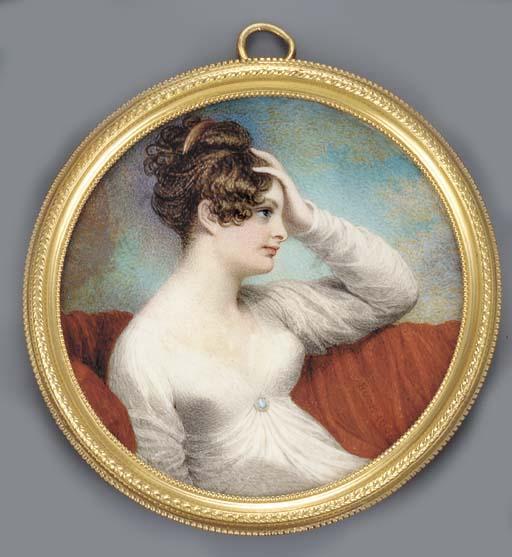Adam Buck - A young lady, in profile to the right seated on a red covered sofa, with her left hand raised to her forehead, in white dress with gold-set cameo brooch at corsage, gold comb in her upswept and curling dark hair