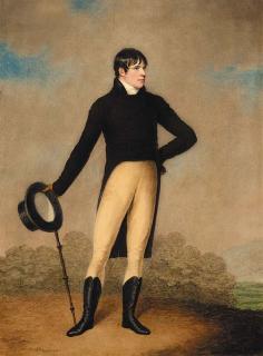 Adam Buck - Portrait of a gentleman, standing full length in a landscape, wearing a brown coat and white cravat