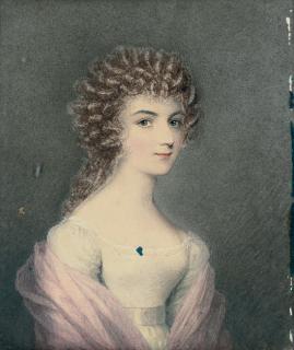 Adam Buck - Portrait of a young lady, bust-length, wearing a white dress and a pink shawl (illustrated); and Portrait of a child, full-length, clasping a ball