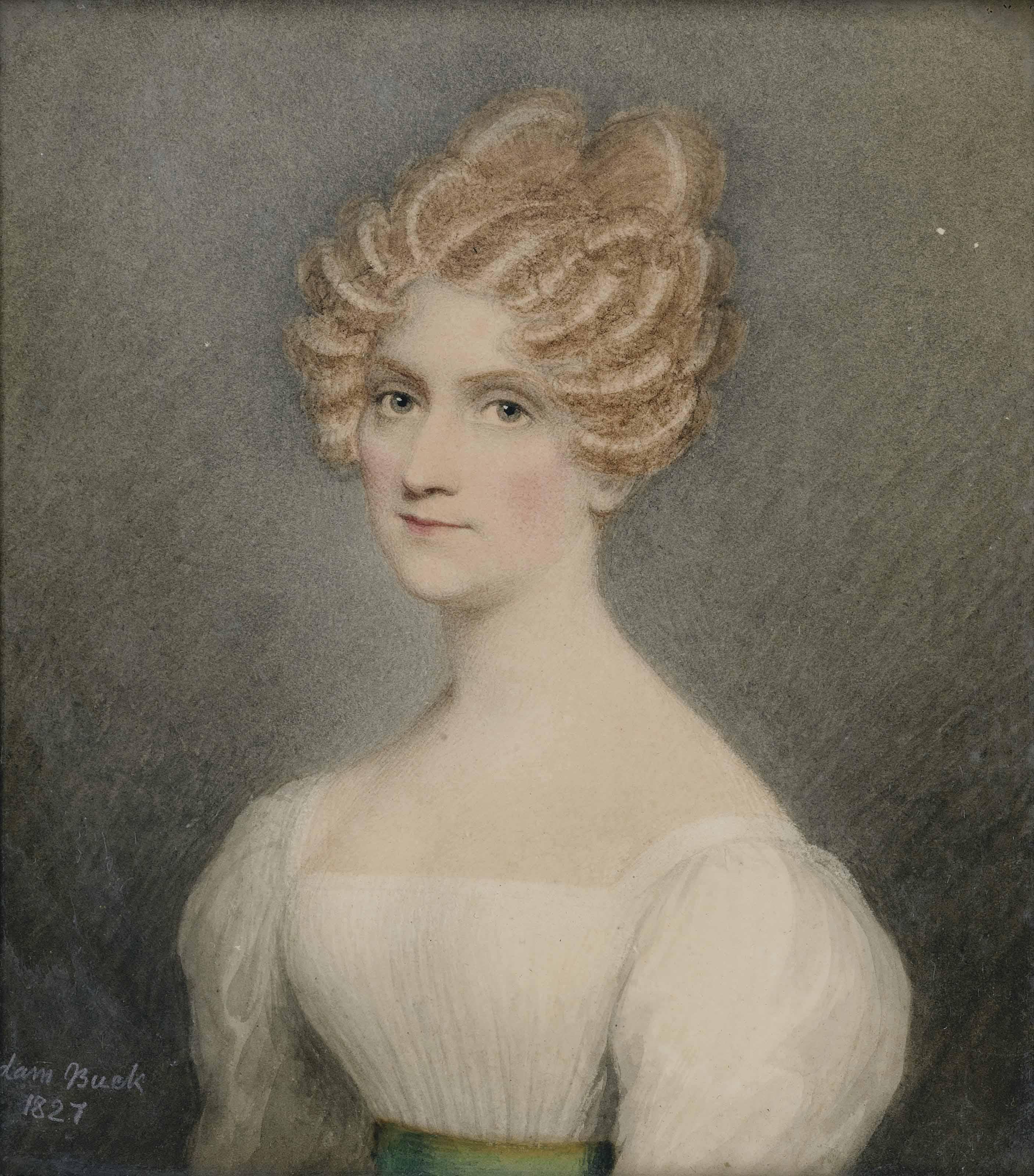 Adam Buck - Portrait of Sarah Wright-Hewell (née Bartholomew), half-length, in white dress, her hair upswept