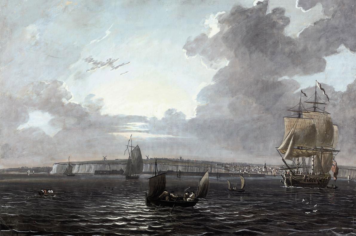 Adam Callander - An English man-o\'war and other shipping off Ramsgate (illustrated); and An extensive landscape with two anglers in the foreground