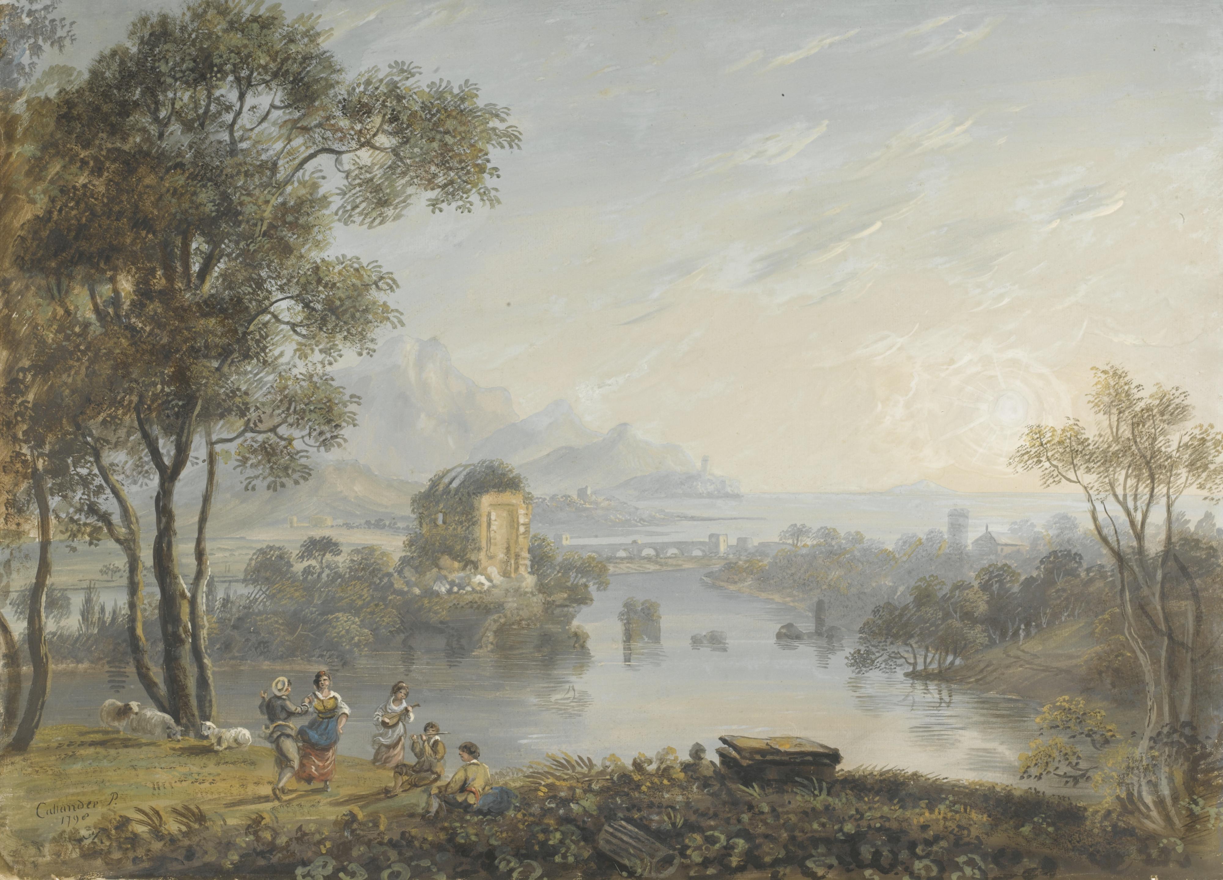 Adam Callander - Figures Dancing And Playing Musical Instruments In A Claudian  Landscape