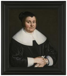 Adam Camerarius - Portrait of a lady, half-length, in a black dress, with a flat collar and black cap, holding a pair of gloves