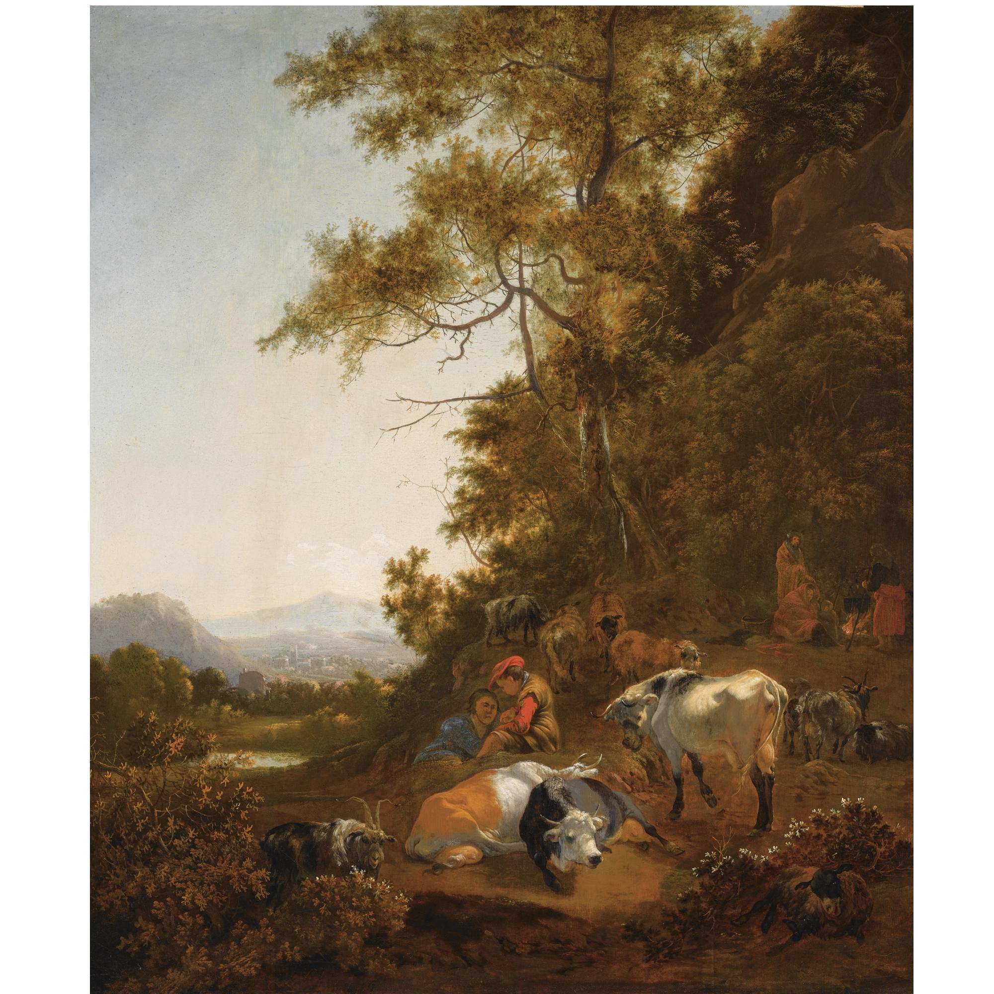 Adam de Colonia - A Wooded Hilly Landscape With Shepherds Resting With Their Herd, Other Figures Preparing A Meal Above A Fire To The Right