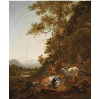 Adam de Colonia - A Wooded Hilly Landscape With Shepherds Resting With Their Herd, Other Figures Preparing A Meal Above A Fire To The Right