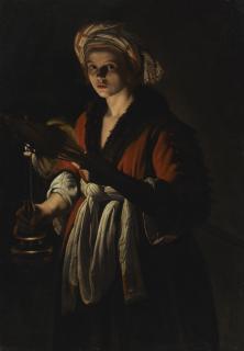 Adam De Coster - A Young Woman Holding A Distaff Before A Lit Candle