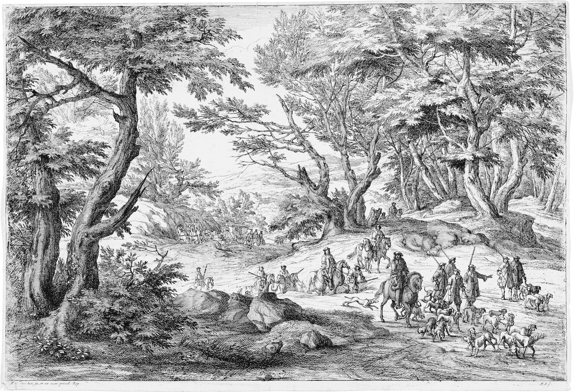 Adam Frans van der Meulen - 2 Bll.: Höfische Jagdgesellschaft – Landschaft mit Reitern.