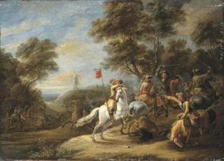 Adam Frans Van Der Meulen - A cavalry skirmish with a windmill on a hill beyond