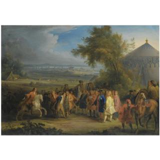 Adam Frans van der Meulen - An Extensive Landscape With Louis Xiv Of France Being Presented With A Prisoner Of War In The Foreground, A Battle Beyond