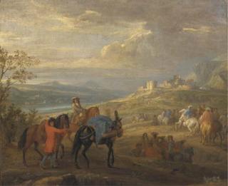 Adam Frans Van Der Meulen - An extensive river landscape with a cavalry troop on a path, a ruined castle beyond