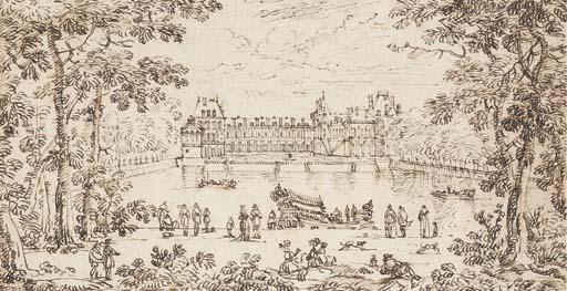 Adam Perelle - Vue de la Cour Des Fontaines du Château de Fontainbleau Depuis Le Grand Bassin, Une Galère Miniature Au Premier Plan