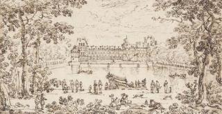 Adam Perelle - Vue de la Cour Des Fontaines du Château de Fontainbleau Depuis Le Grand Bassin, Une Galère Miniature Au Premier Plan