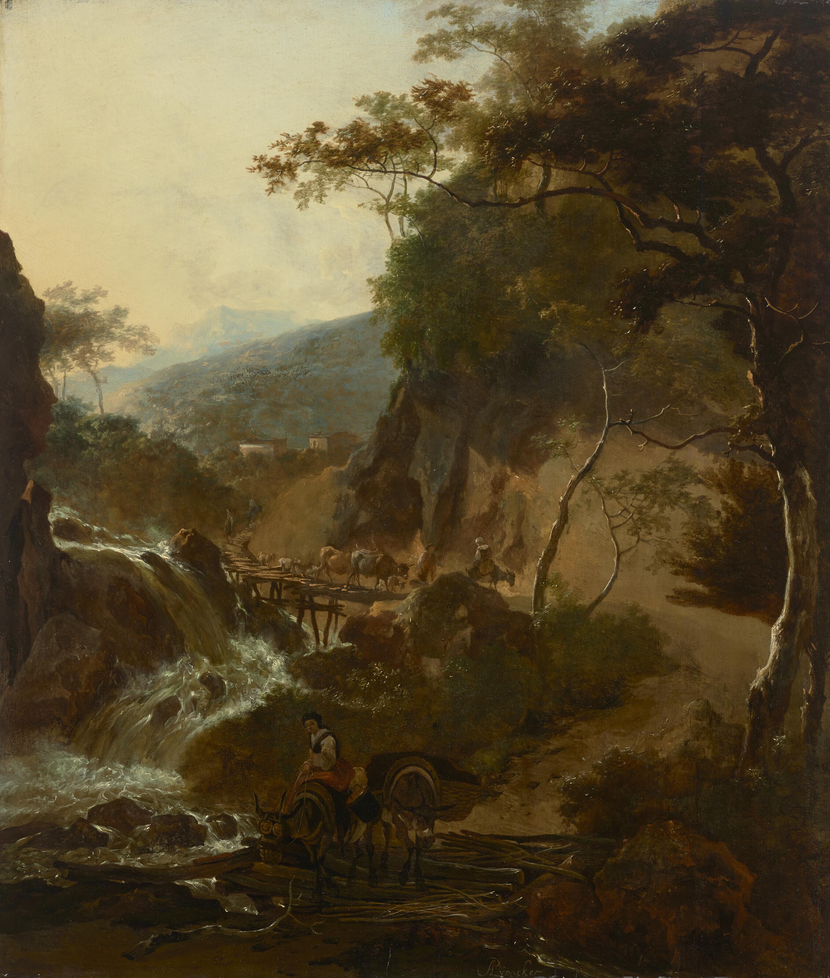 Adam Pijnacker - An Italianate landscape with figures and cattle crossing a bridge