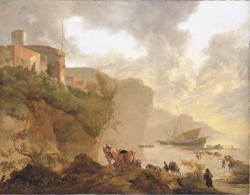 Adam Pynacker - A coastal landscape with stevedores unloading a ship, a castle beyond