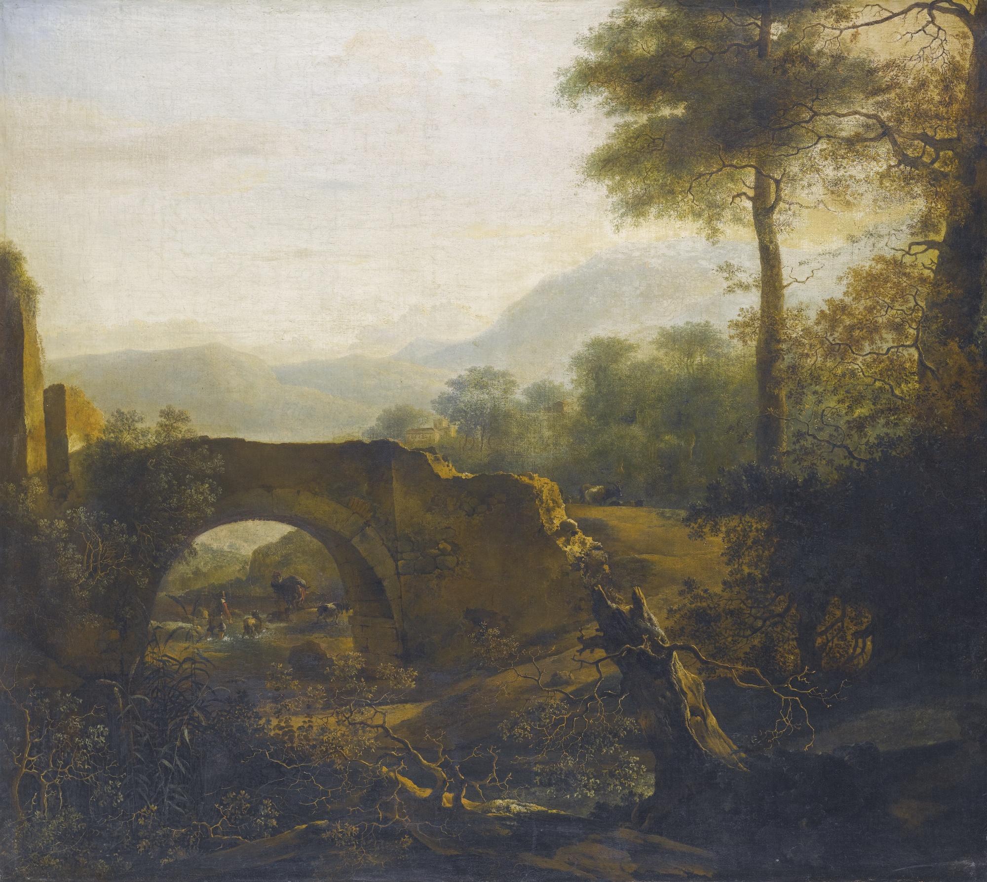Adam Pynacker - A Landscape With A Ruined Bridge, A Goatherder And A Town With Mountains Beyond
