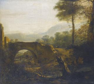 Adam Pynacker - A Landscape With A Ruined Bridge, A Goatherder And A Town With Mountains Beyond