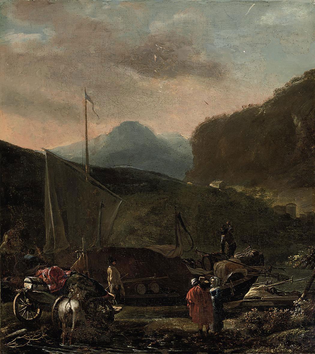 Adam Pynacker - A river landscape with a ship carrying cargo, travellers with their horse and cart on a bank