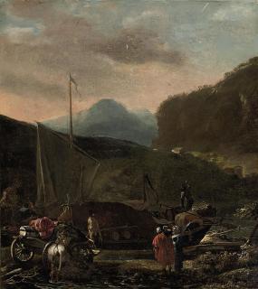 Adam Pynacker - A river landscape with a ship carrying cargo, travellers with their horse and cart on a bank