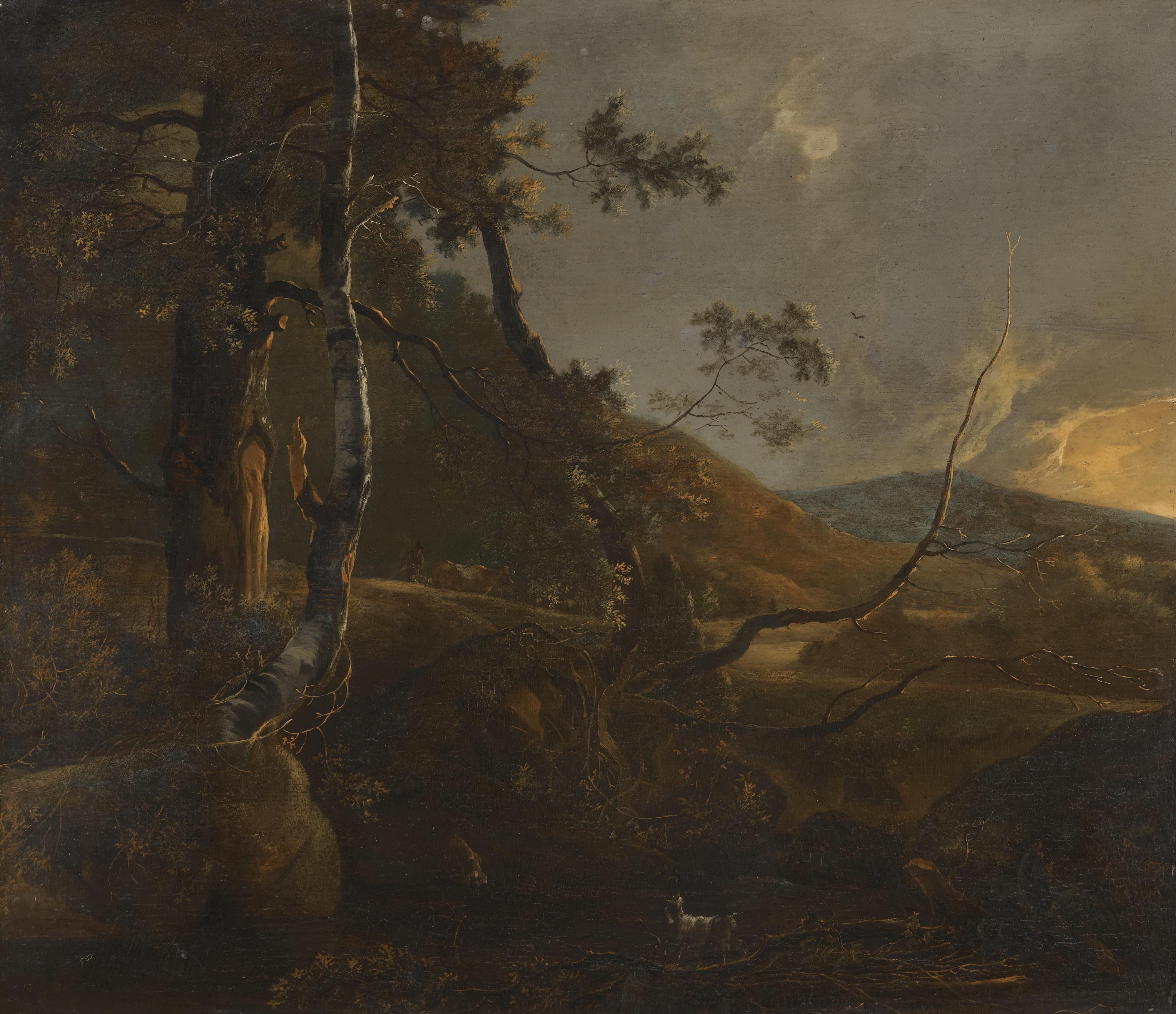 Adam Pynacker - A Wooded Landscape With A Herdsman On A Path And A Loan Goat In The Foreground
