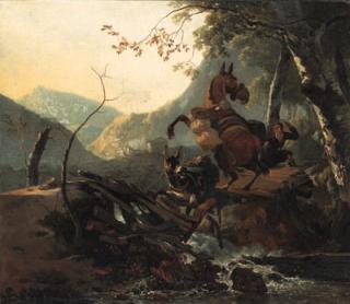 Adam Pynacker - An Italianate landscape with a donkey and a rearing horse crossing a collapsing bridge