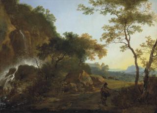 Adam Pynacker - An Italianate Landscape With A Traveler On A Path By A Waterfall