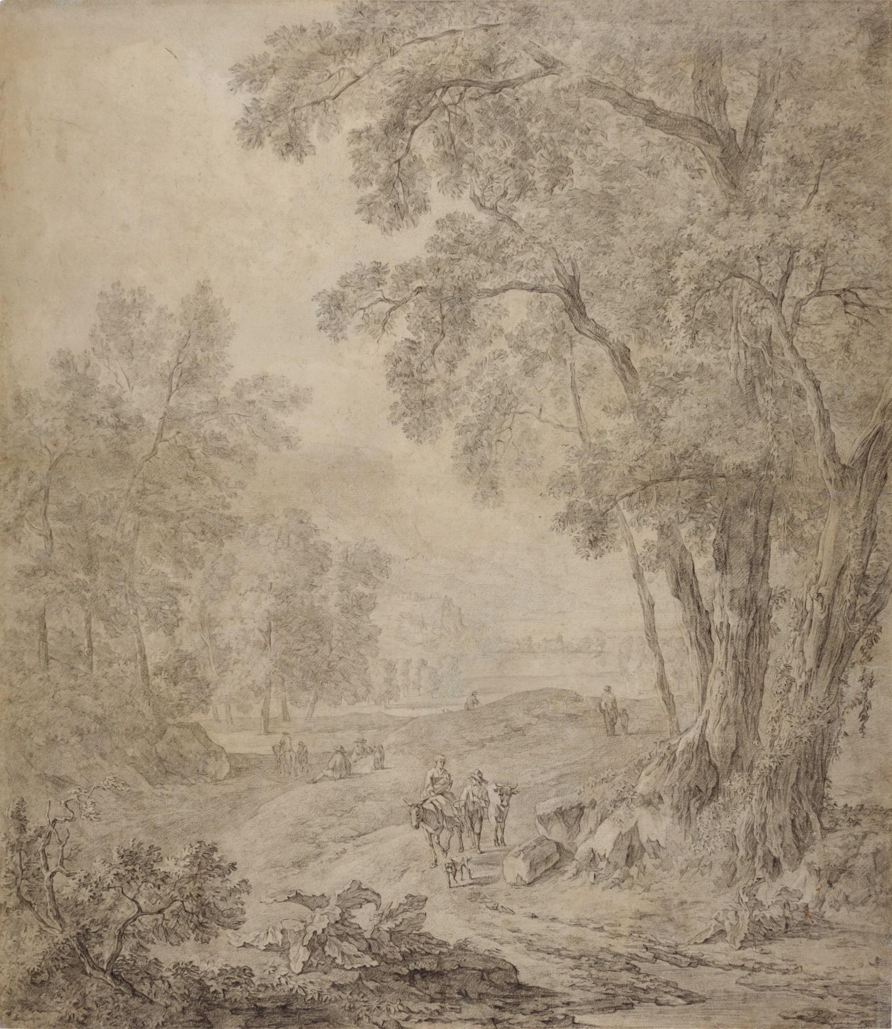 Adam Pynacker - Landscape with travelers on a rural path, others resting behind