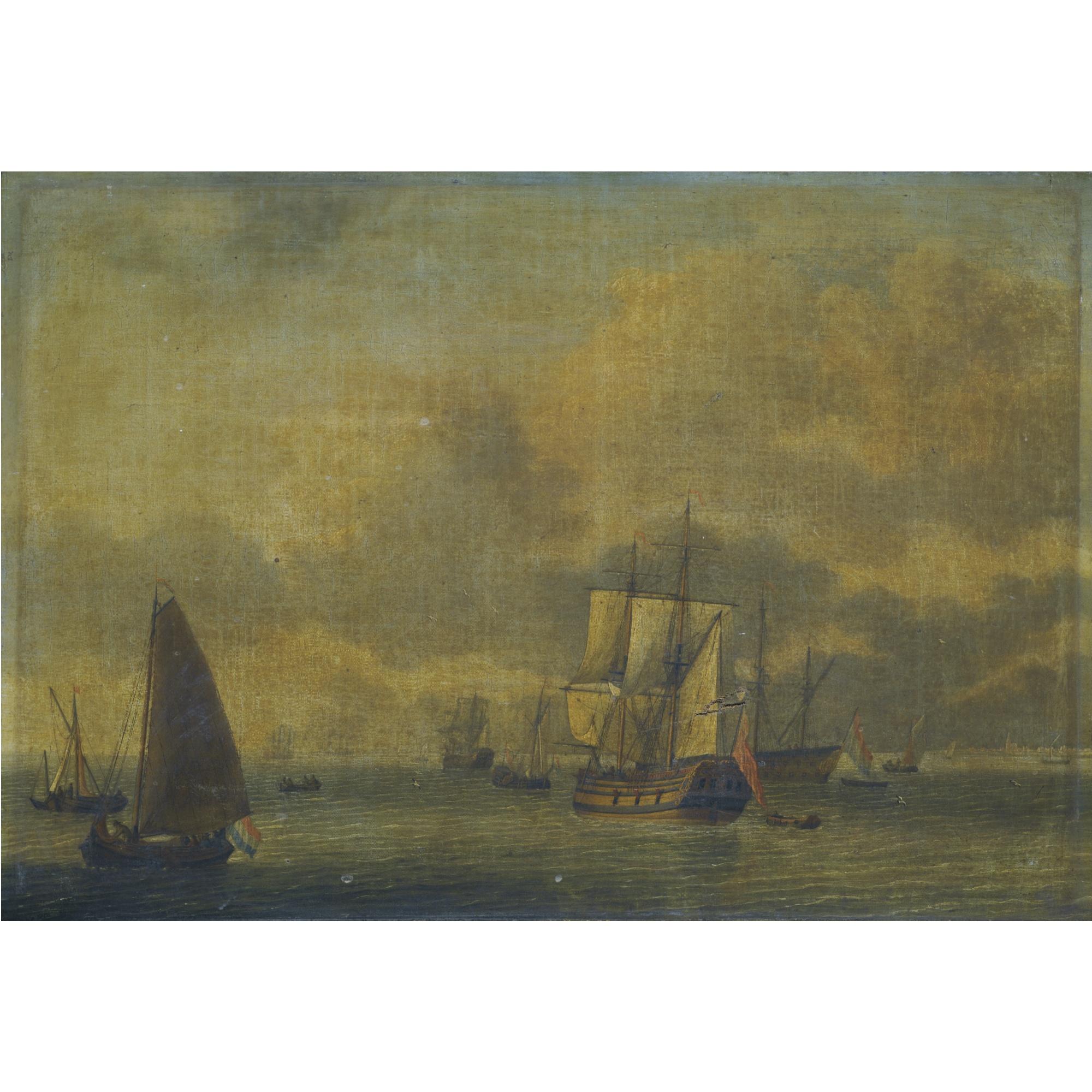 Adam Silo - A Dutch Man O\'War And Other Sailing Vessels In Calm Waters
