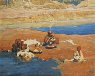 Adam Styka - Lavandières À L\'Ouedadam Styka ; Washerwomen By The River ; Signed Lower Right ; Oil On Cardboard