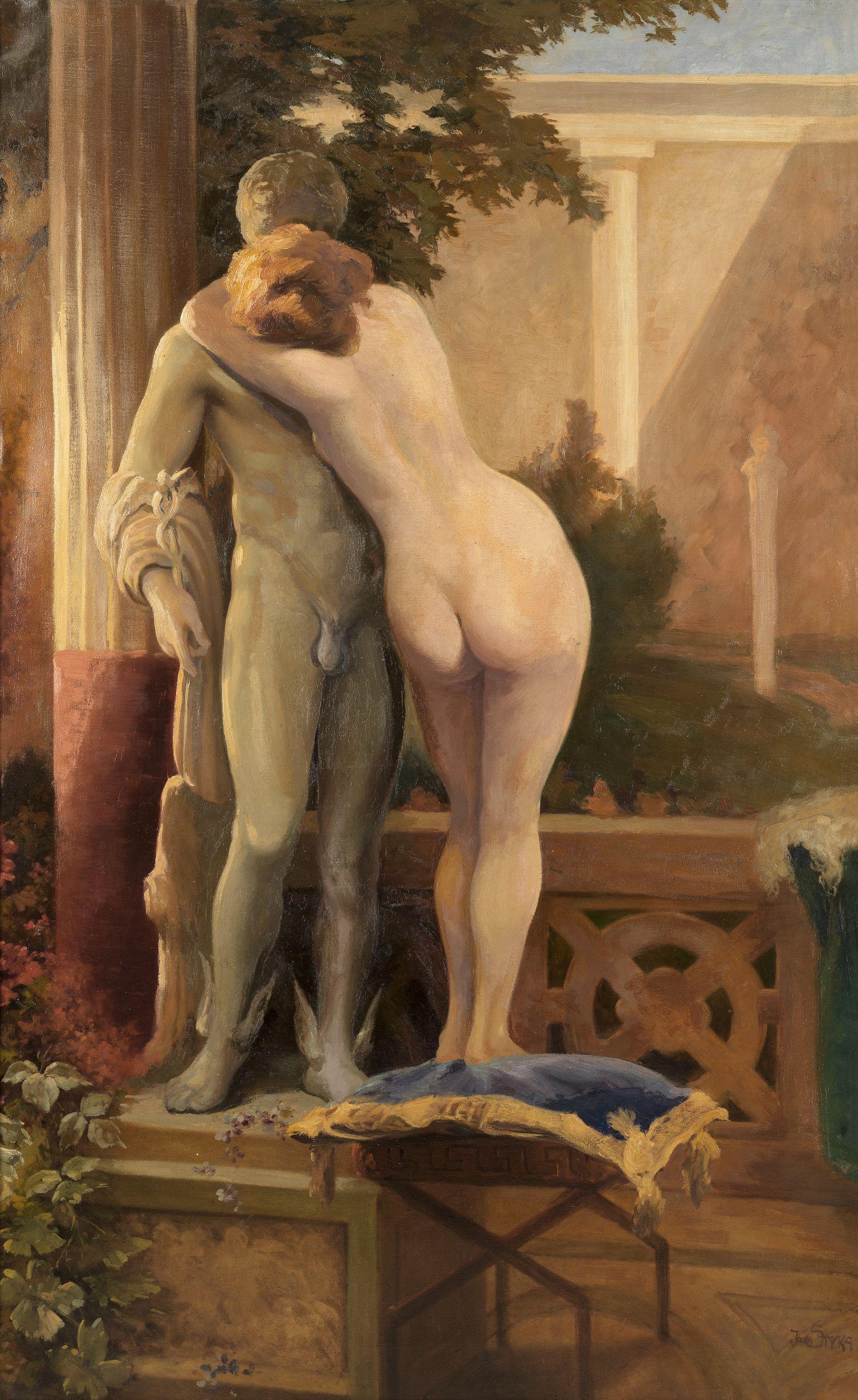 Adam Styka - Nude embracing a statue of Hermes