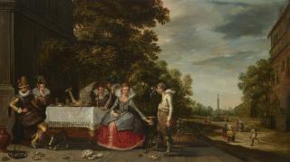 Adam van Breen - A banquet with elegant figures on a terrace and a garden beyond