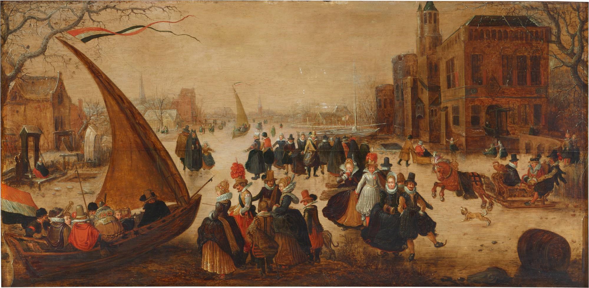 Adam van Breen - Winter landscape with numerous elegantly-dressed figures skating on a frozen river, with an ice yacht