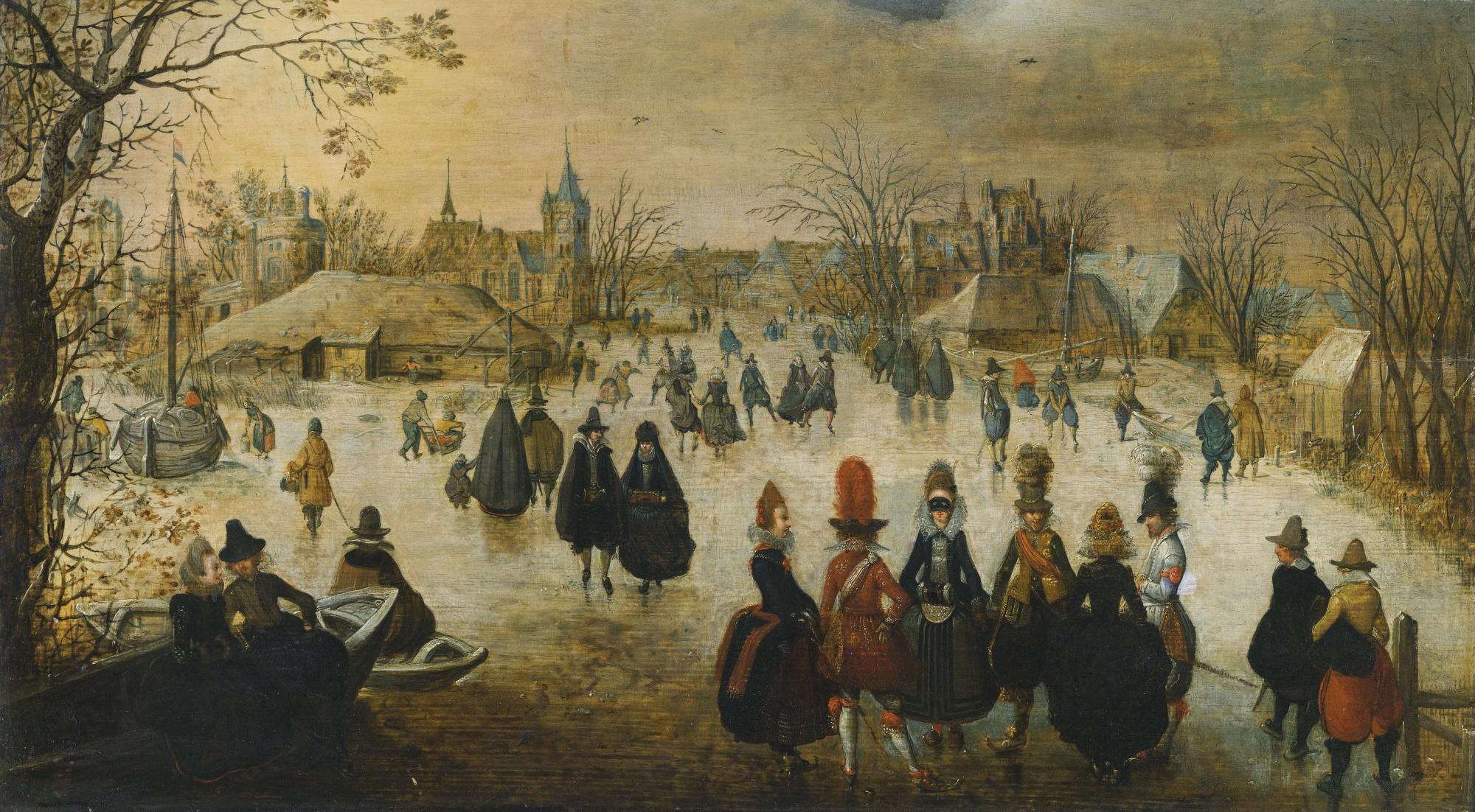 Adam Van Breen - Winter Landscape With Skaters On A Frozen River Outside A Village