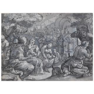 Adam Van Noort - A Scene Of Exodus With Women And Children Resting In The Foreground, Others Walking In Procession In The Distance