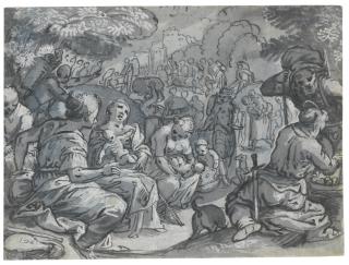 Adam Van Noort - A Scene Of Exodus With Women And Children Resting In The Foreground, Others Walking In Procession In The Distance