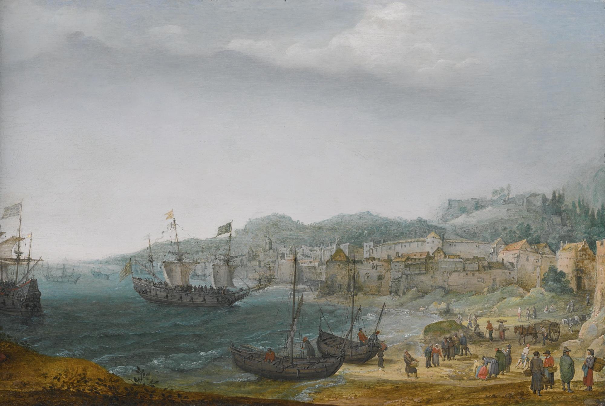 Adam Willaerts - A Fortified Coastal Town With Fishermen Unloading Their Catch And Larger Vessels Offshore