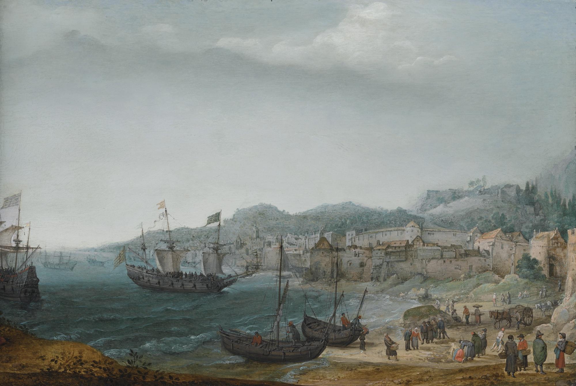 Adam Willaerts - A Fortified Coastal Town With Fishermen Unloading Their Catch And Larger Vessels Offshore