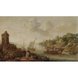 Adam Willaerts - A River Estuary With A Royal Barge And Other Shipping, A Ruined Tower And Numerous Figures On The Banks In The Foreground