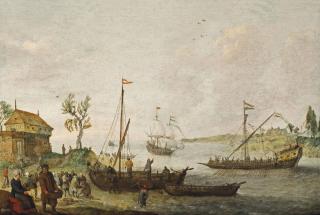 Adam Willaerts - An Estuary With Fishermen Unloading Their Catch, A Fortification, A Dutch Galley And A Dutch Merchant Ship
