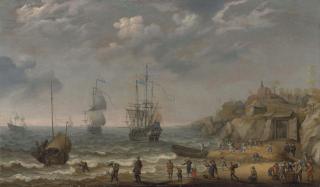 Adam Willaerts - Dutch men-o\'-war and other vessels by the coast with merrymakers and other figures