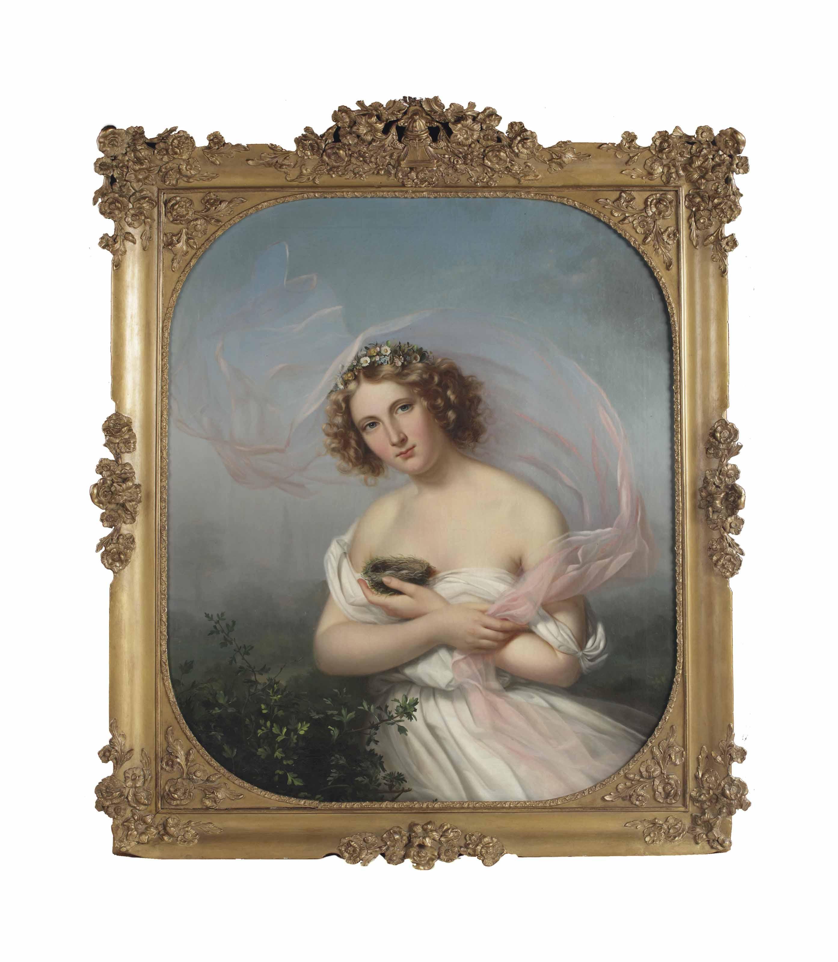 Adèle Kindt - A young girl in a white dress with a pink veil and flowers in her hair, holding a bird\'s nest with two eggs
