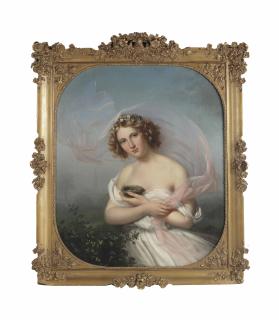 Adèle Kindt - A young girl in a white dress with a pink veil and flowers in her hair, holding a bird\'s nest with two eggs