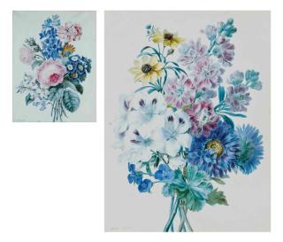 Adele Riche - Chrysanthèmes bleus, dahlias jaunes, géraniums blancs et autres fleurs; et Roses, auriculae bleues et autres fleurs