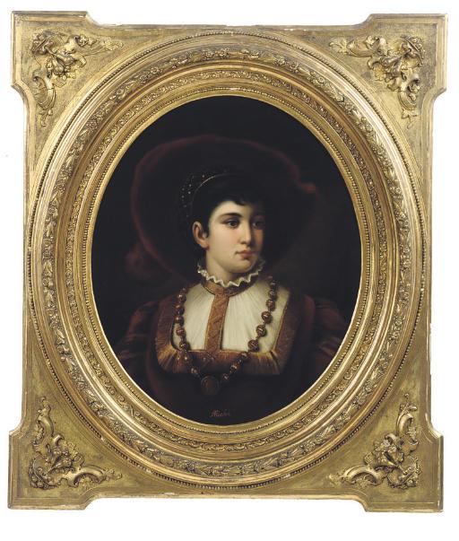 Adèle Riché - Portrait of a lady, bust-length, in a red dress and hat, a medallion at her corsage, in an oval mount