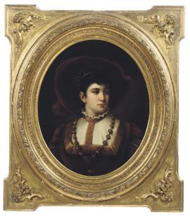 Adèle Riché - Portrait of a lady, bust-length, in a red dress and hat, a medallion at her corsage, in an oval mount