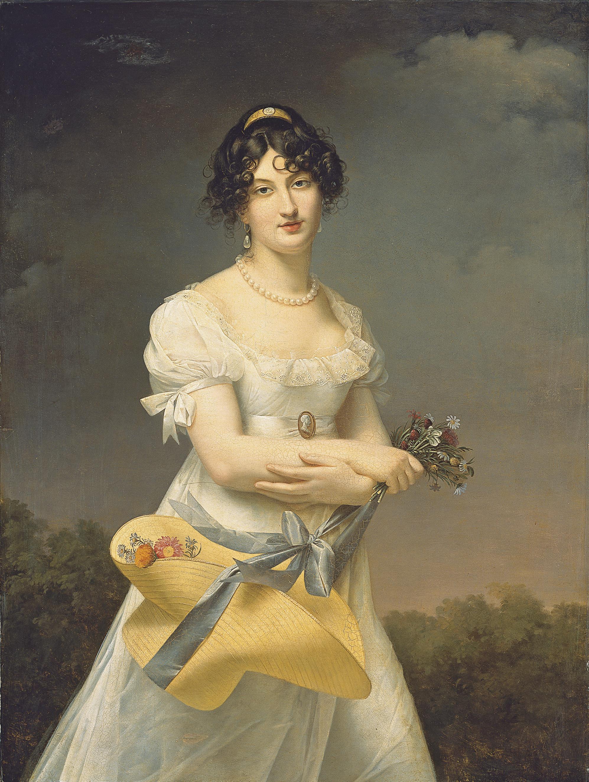 Adele Romany - Portrait d\'Amélie-Justine Laidin de la Bouterie, née Pontois, tenant un chapeau rempli de fleurs