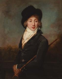Adèle Romany - Portrait of Auguste Vestris, three-quarter-length, in a dark grey velvet jacket and a fur hat, a cane in his right hand, standing before a landscape
